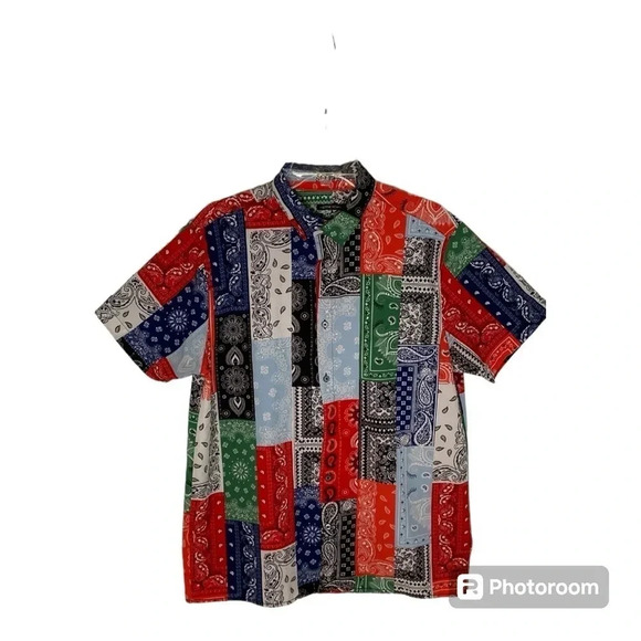Drill Handkerchief Bandana Paisley Print Short Sleeve Shirt Men's L Button Front - Picture 1 of 9